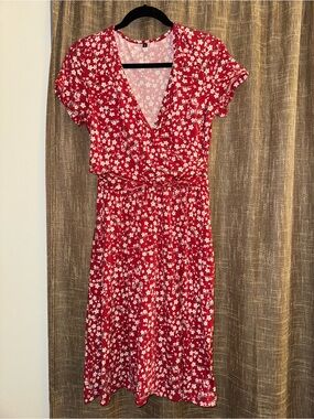 Red Floral Wrap Midi Dress